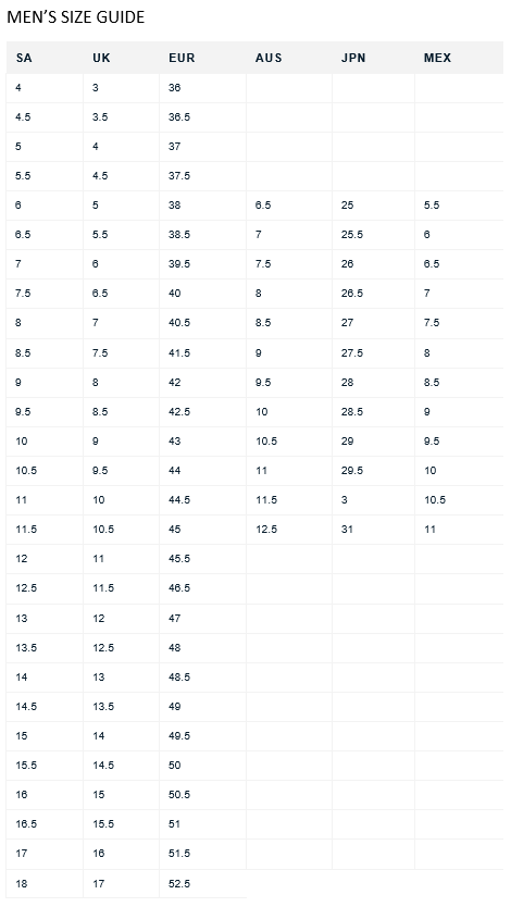 sperry men's shoe size chart