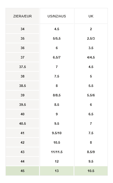 Ziera Shoe Size Chart